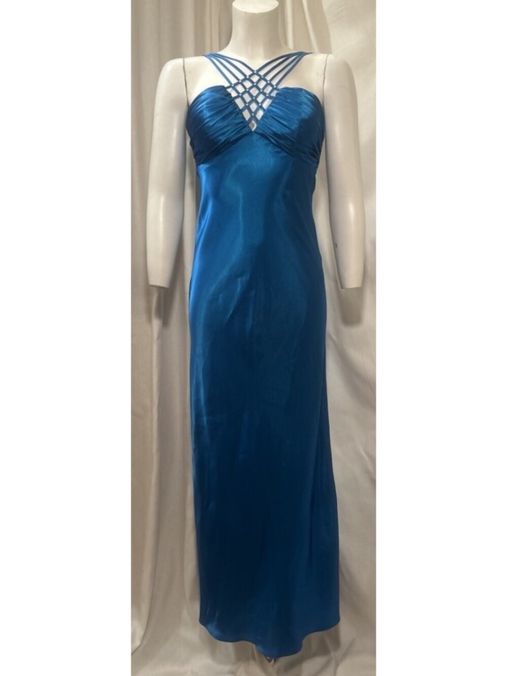 VTG 90s Y2K Prom Cache Blue Satin Ruched Rhinestone Halter Formal Maxi Dress